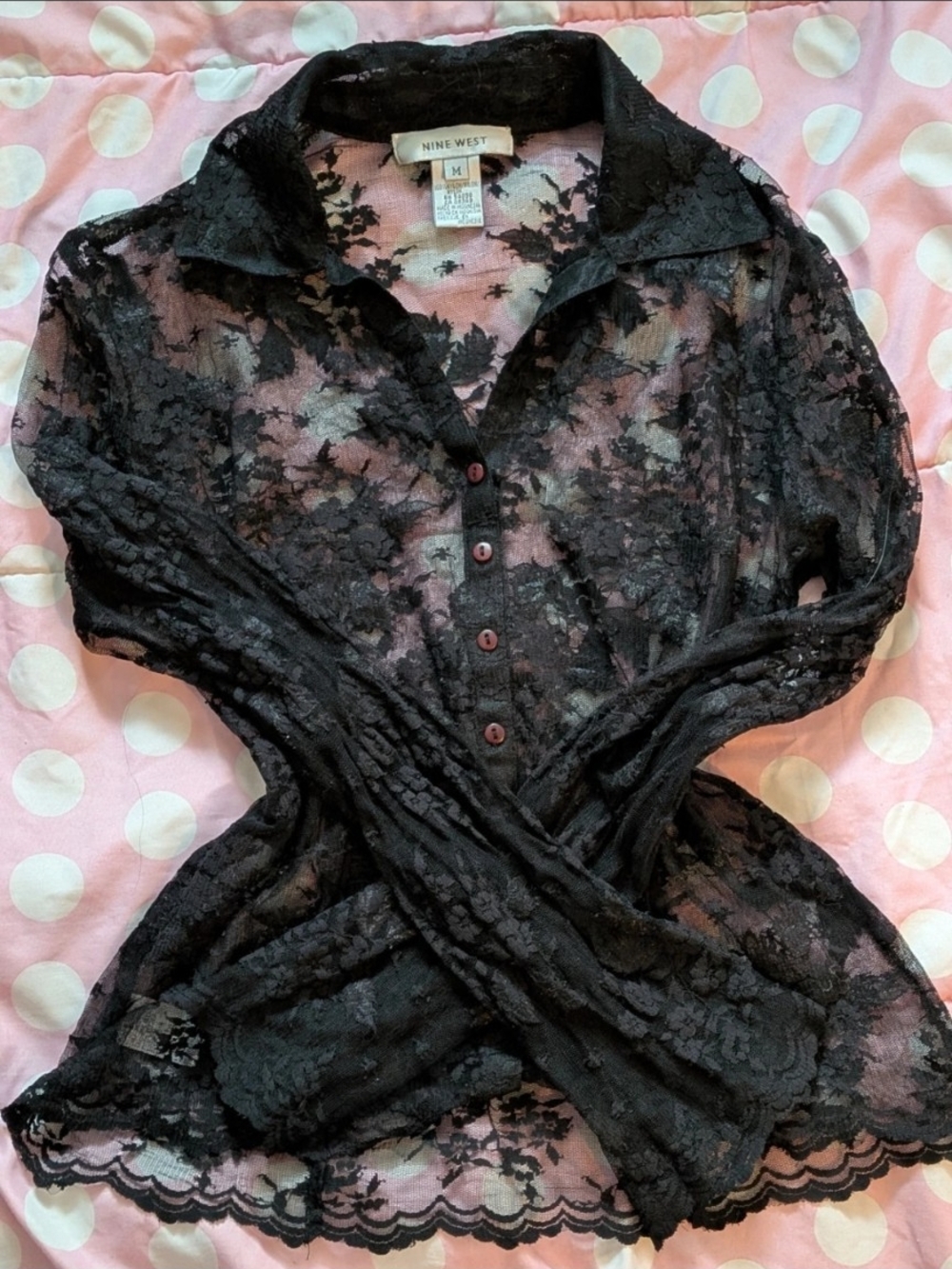 Nine West Sheer Black Floral Lace Button-Up Blouse